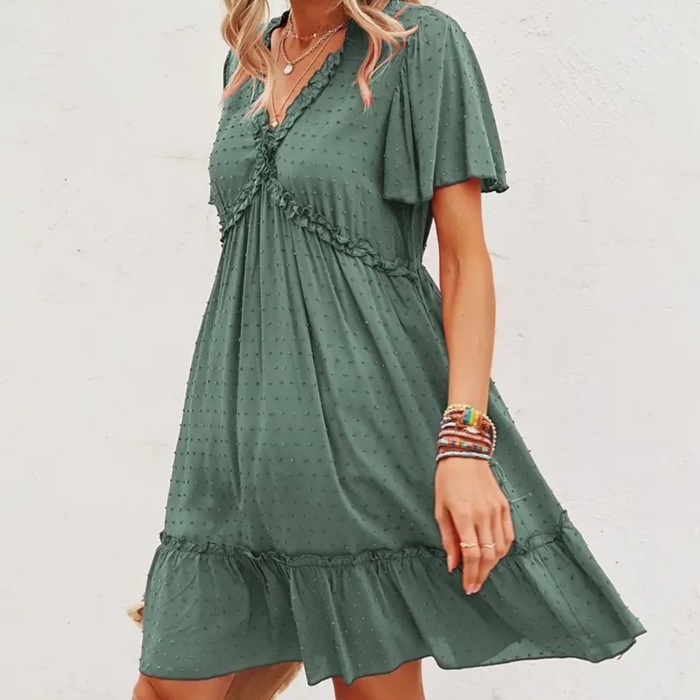 Solid V Neck Short Sleeve Ruffled Hem Dress